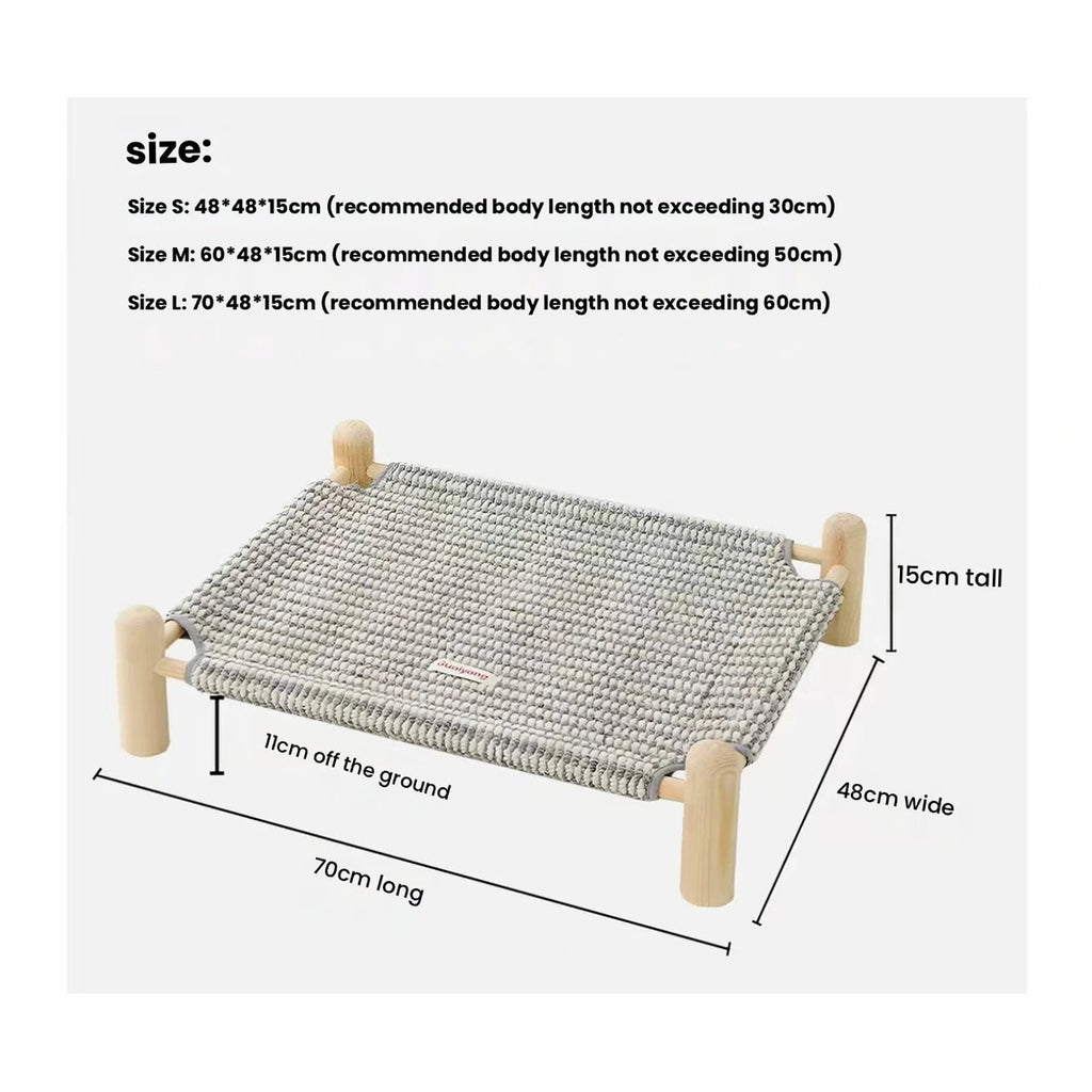 Size chart with dimensions for the raised pet cot