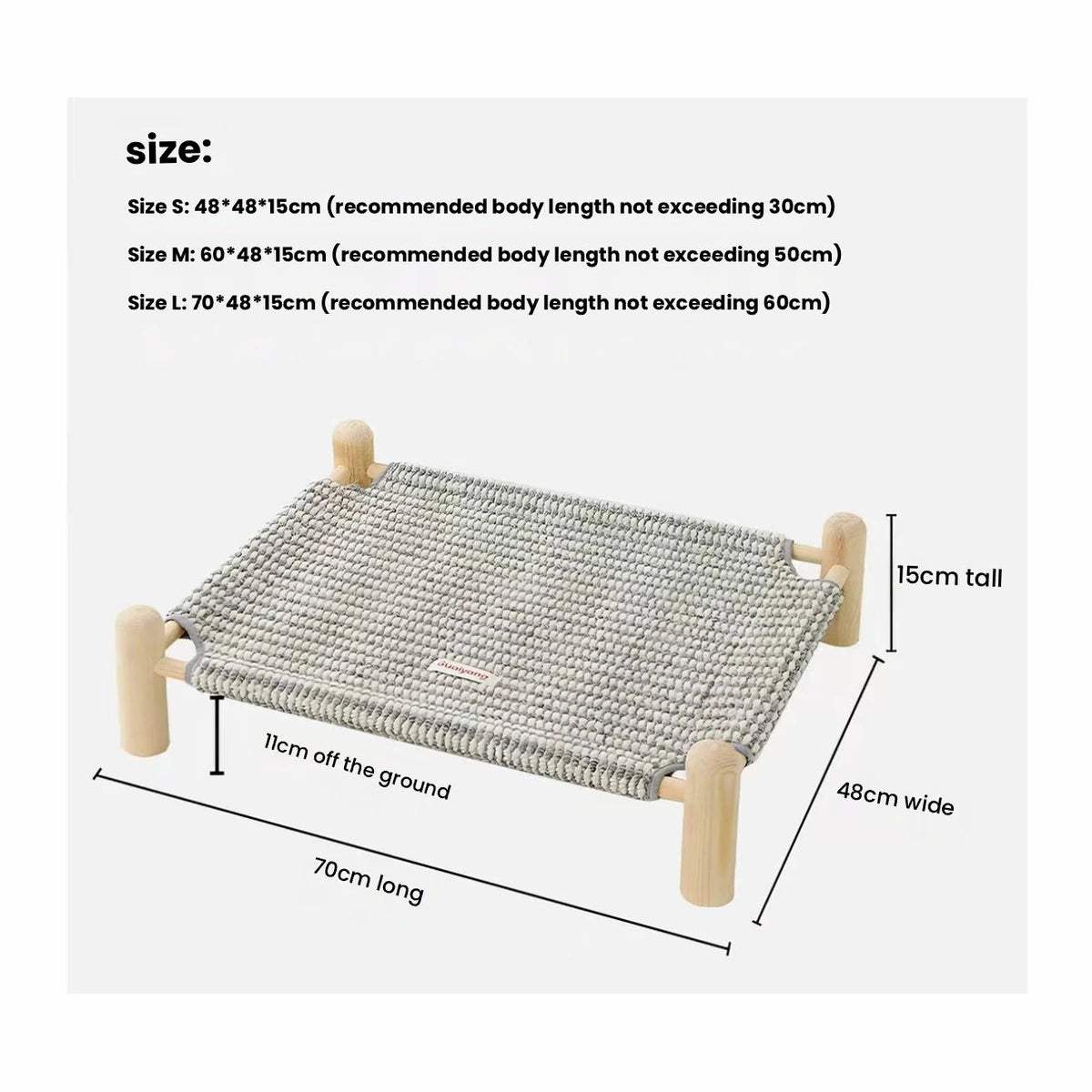 Size chart with dimensions for the raised pet cot