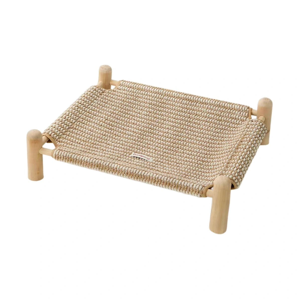 Tan woven pet cot with four corner posts