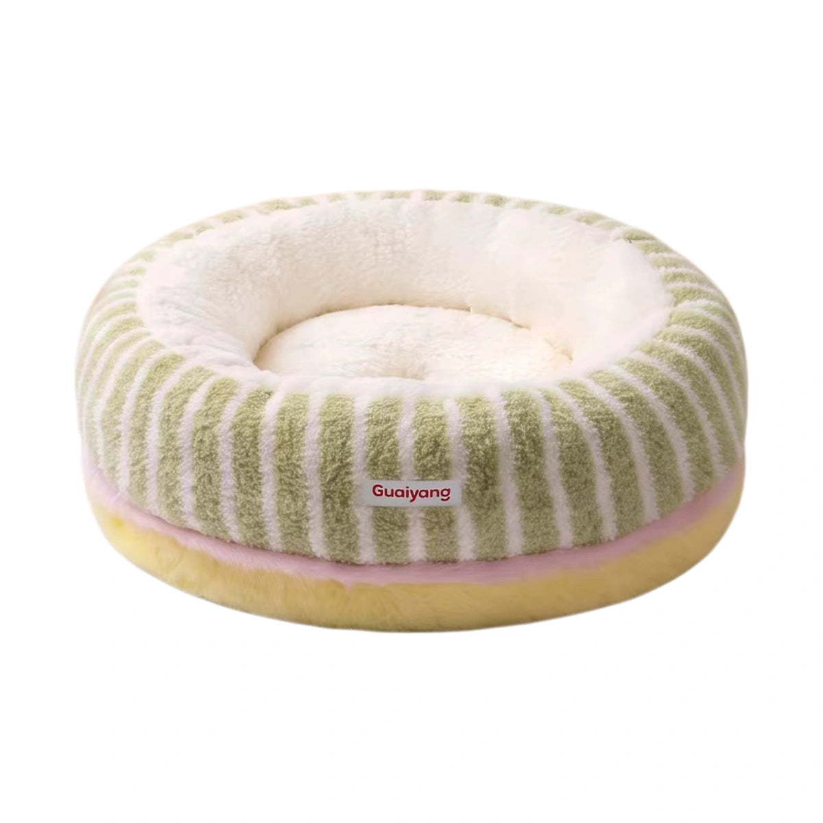 Green striped round cat bed with a pale plush interior