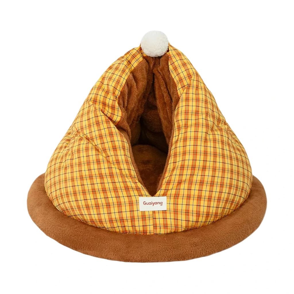 Yellow checked cat cave bed with a brown base and white pom-pom
