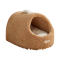 Brown plush cat cave bed with a rounded entrance and pale interior