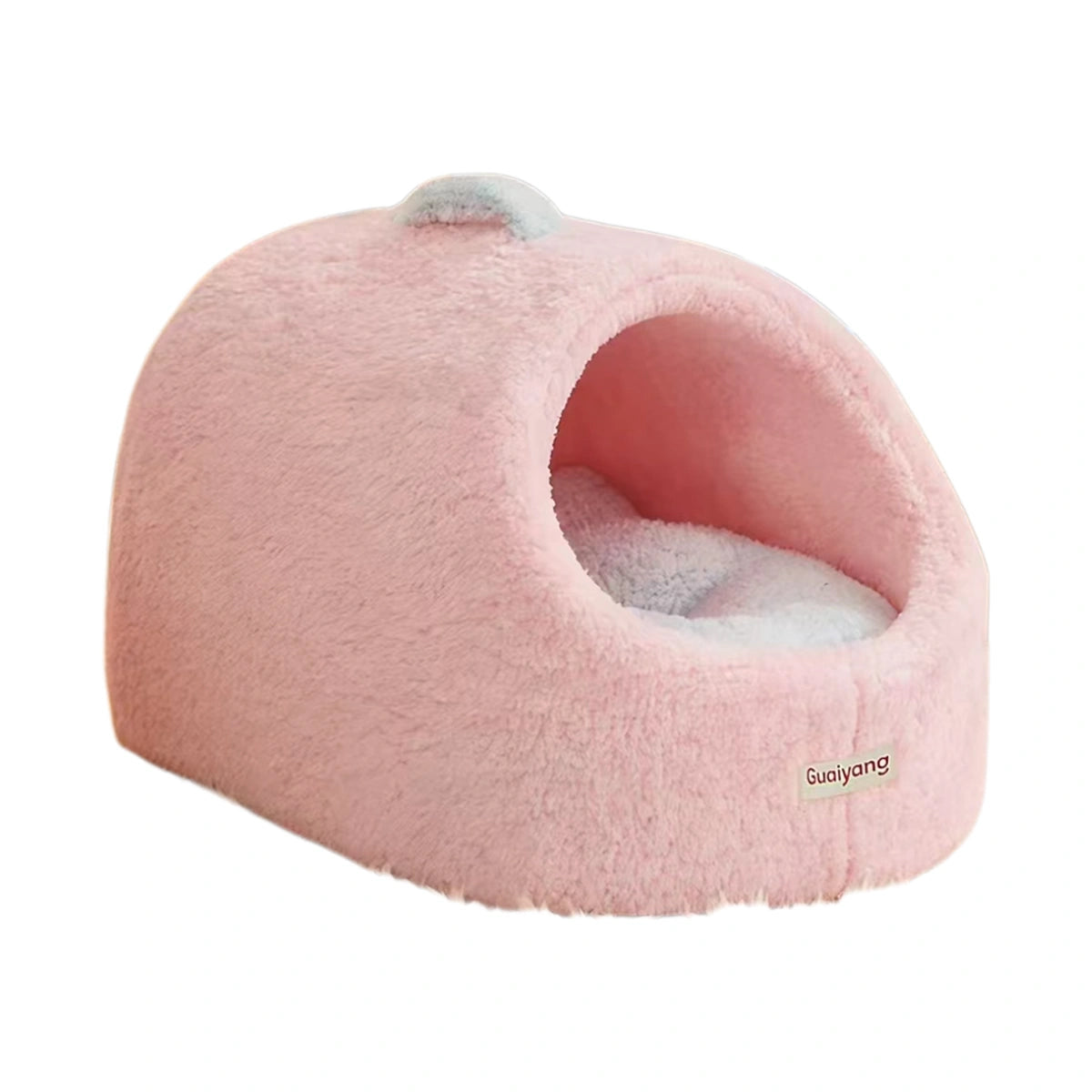 Front view of the pink plush cat cave bed
