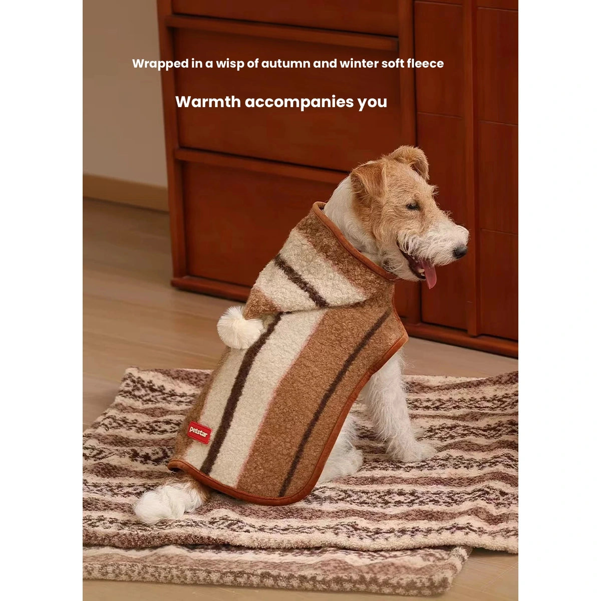 Dog wearing the brown striped Petstar hooded cape