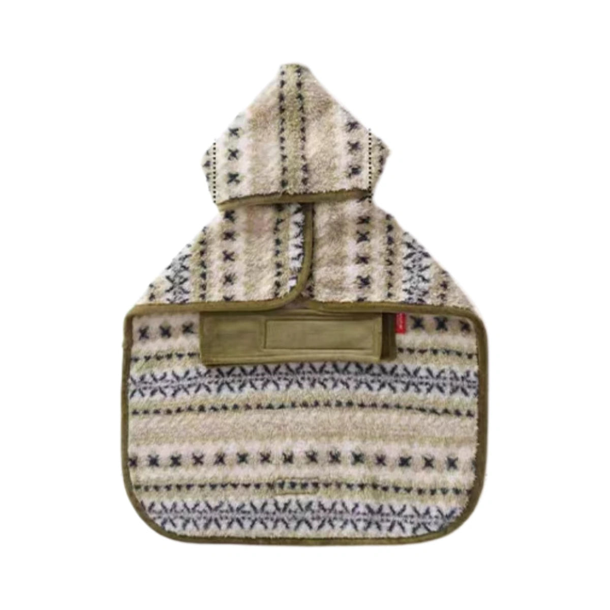 Olive and cream patterned Petstar hooded cape laid flat