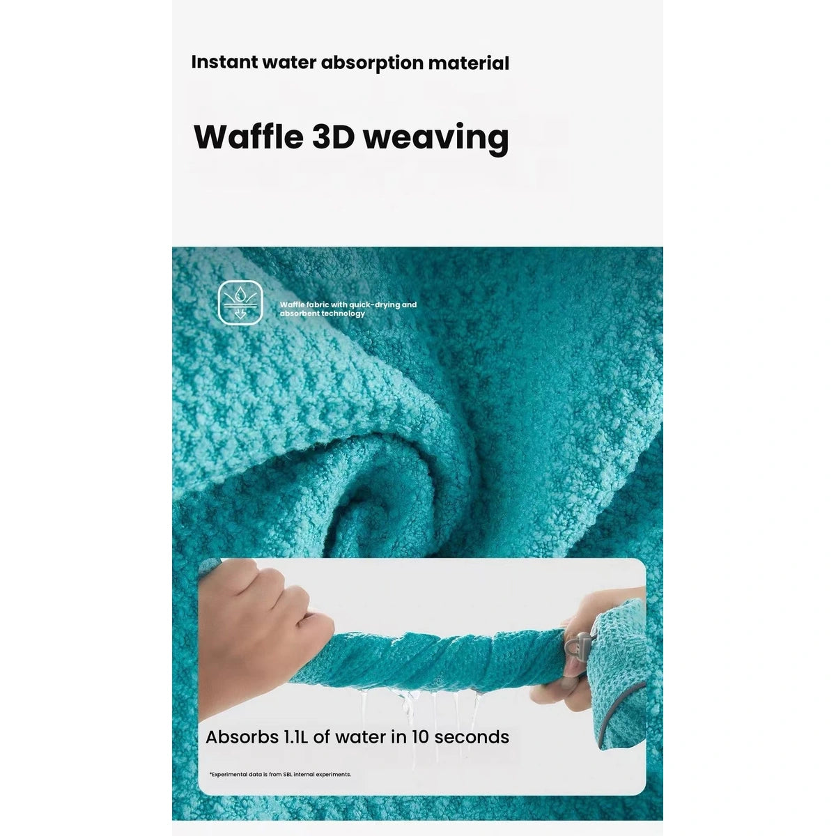 Close-up of the teal drying robe fabric and a water-absorption demonstration