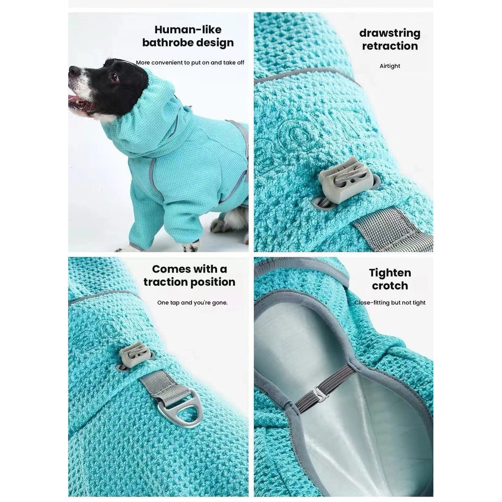 Teal dog drying robe with close-ups of its waist fastening and leg openings