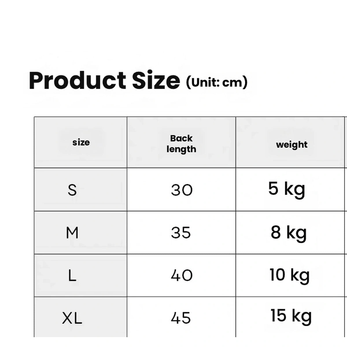 Smile Bomb Lab drying robe size chart showing back length and dog weight