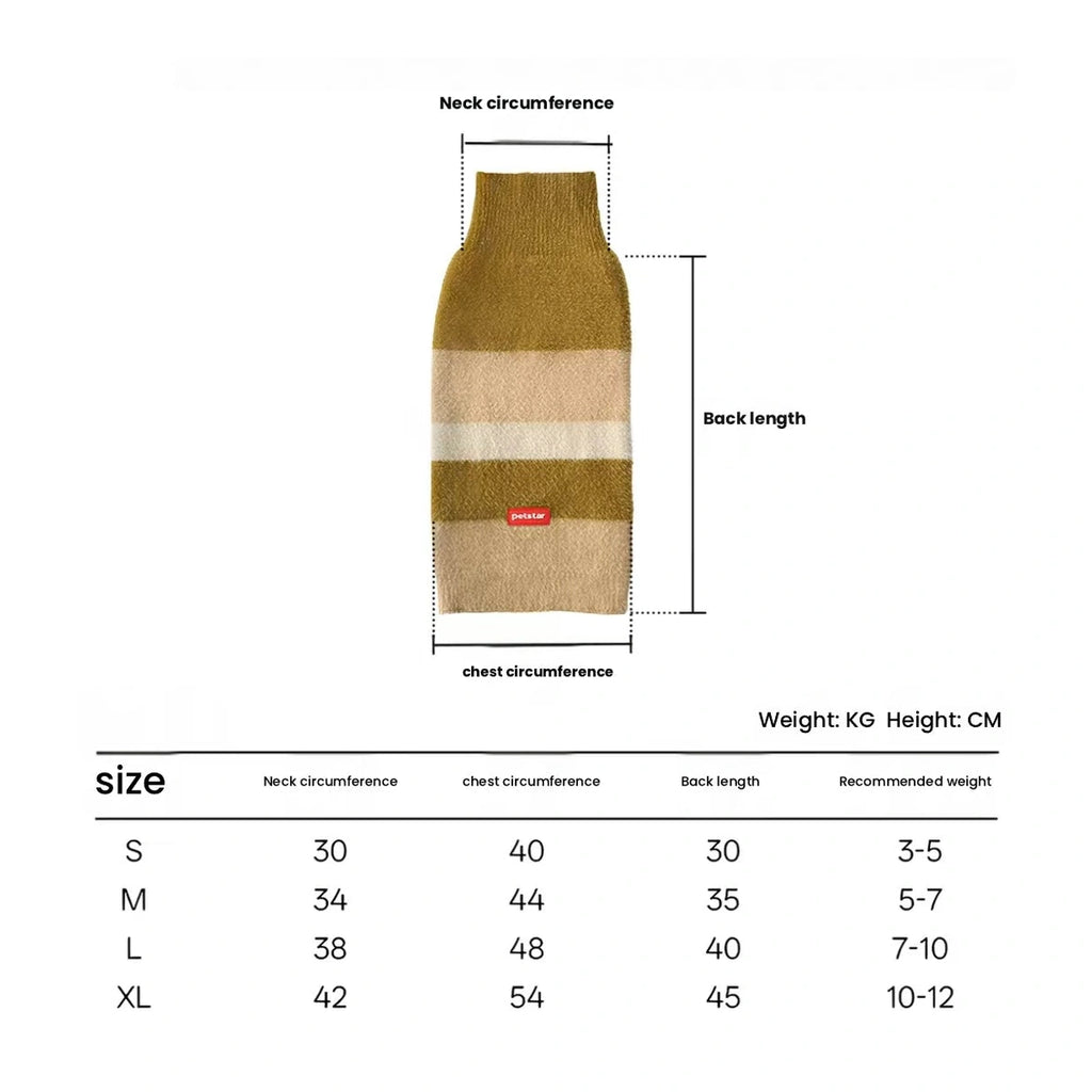 Petstar sweater vest size chart showing neck, chest and back measurements