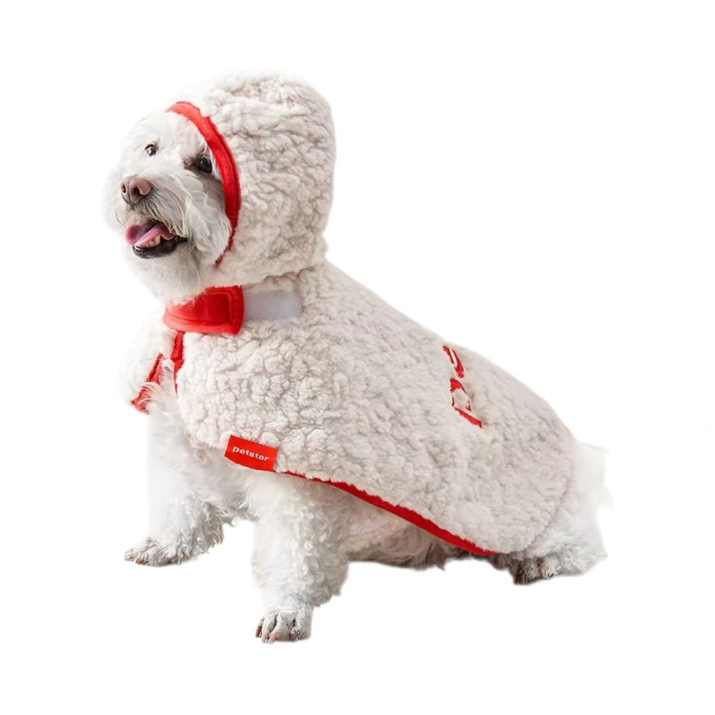 Small white dog wearing a cream Petstar hooded cape with red trim