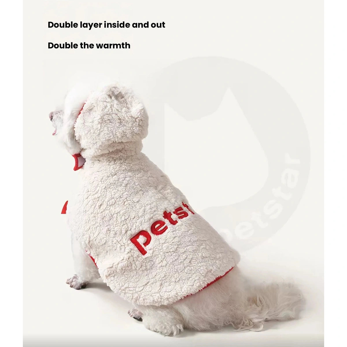 Rear view of the cream Petstar cape with red lettering