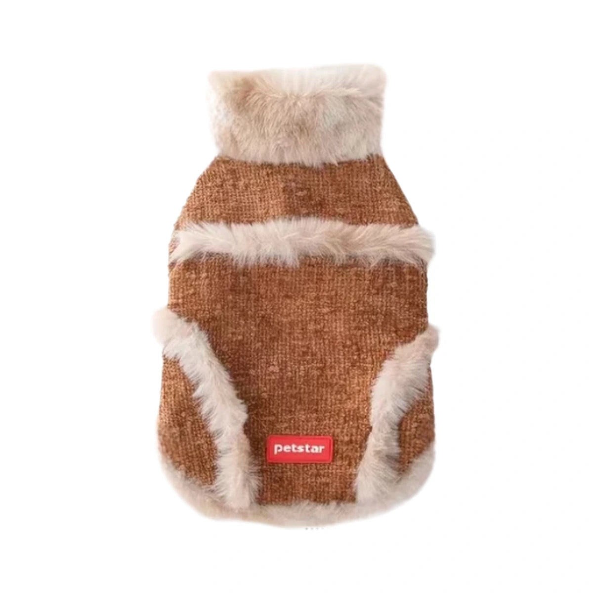 Brown Petstar plush pet jacket with cream neck and leg-opening trim