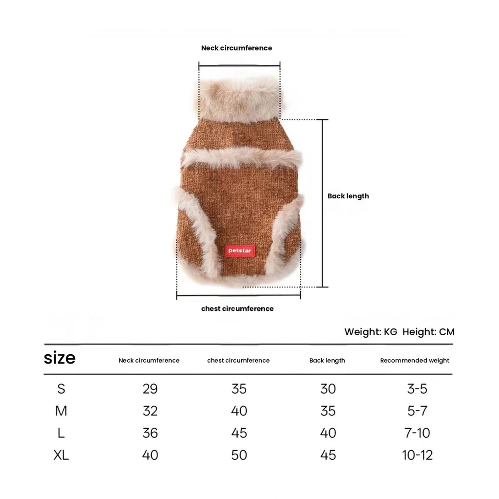 Petstar jacket size chart with neck, chest and back measurements for S to XL