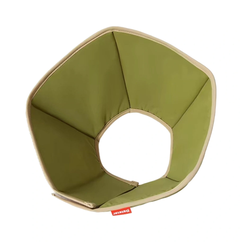 Green Petstar soft pet recovery cone with padded panels and cream edge trim