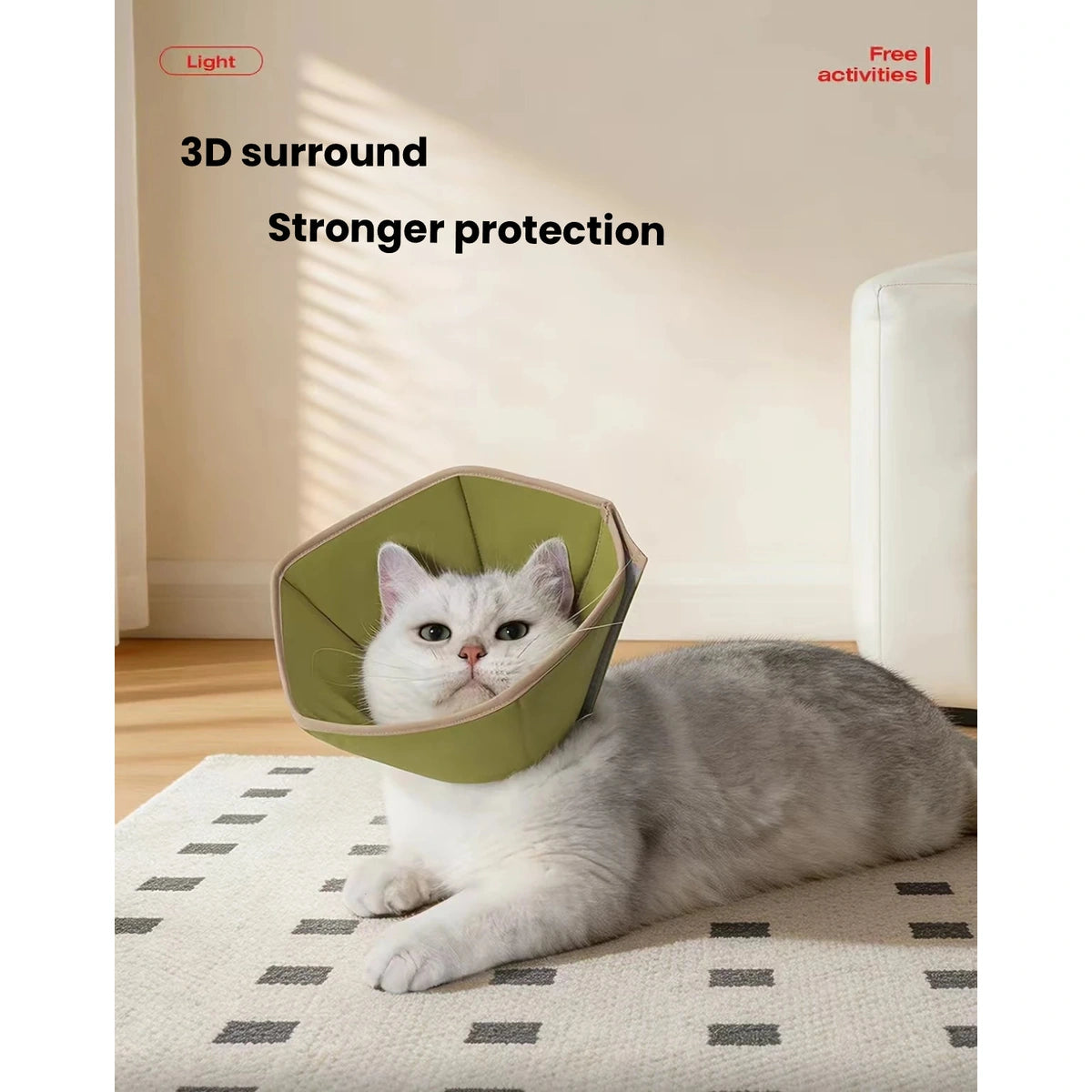 Grey cat wearing a green Petstar soft recovery cone