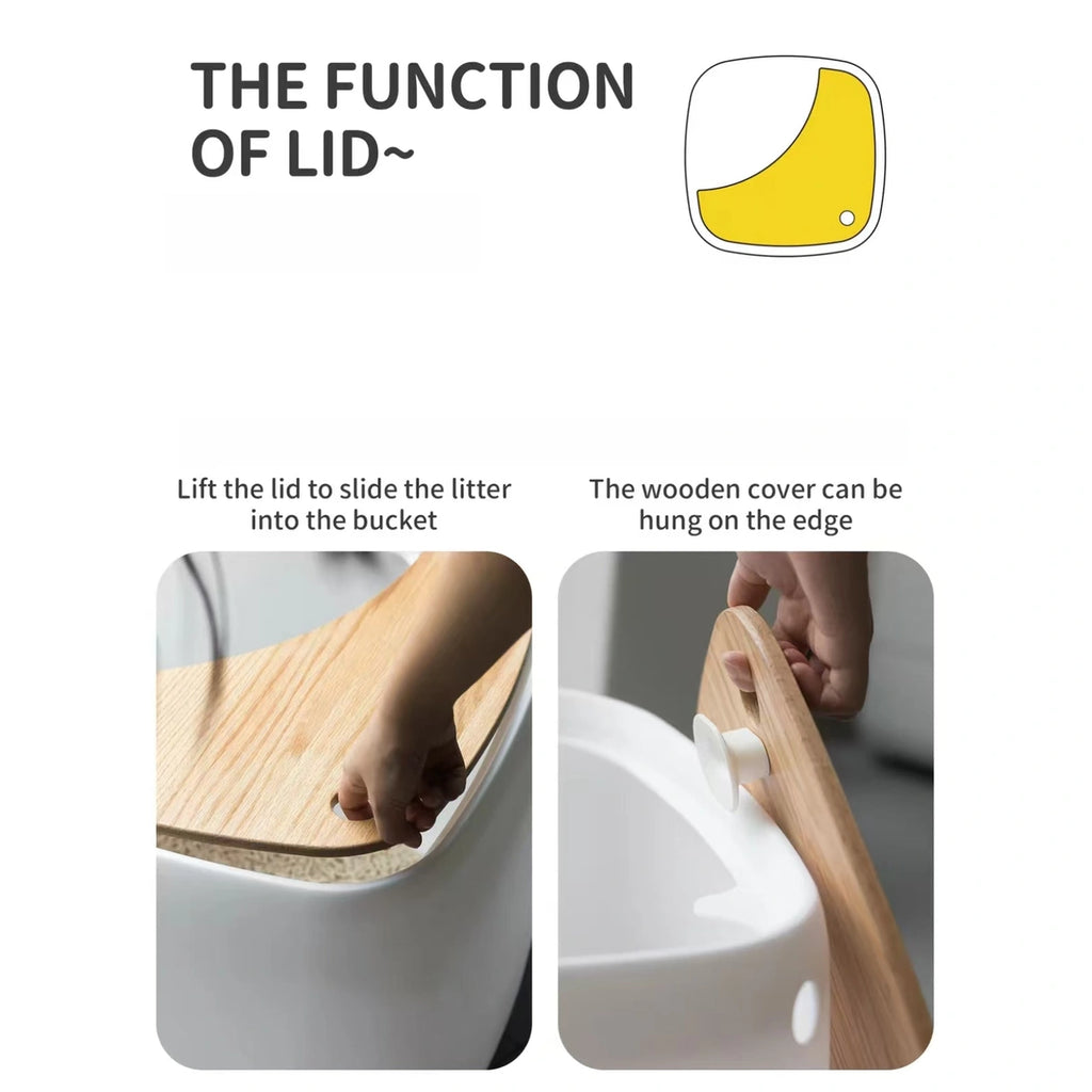 Lift-up lid and scoop storage details on the inFluffy litter box