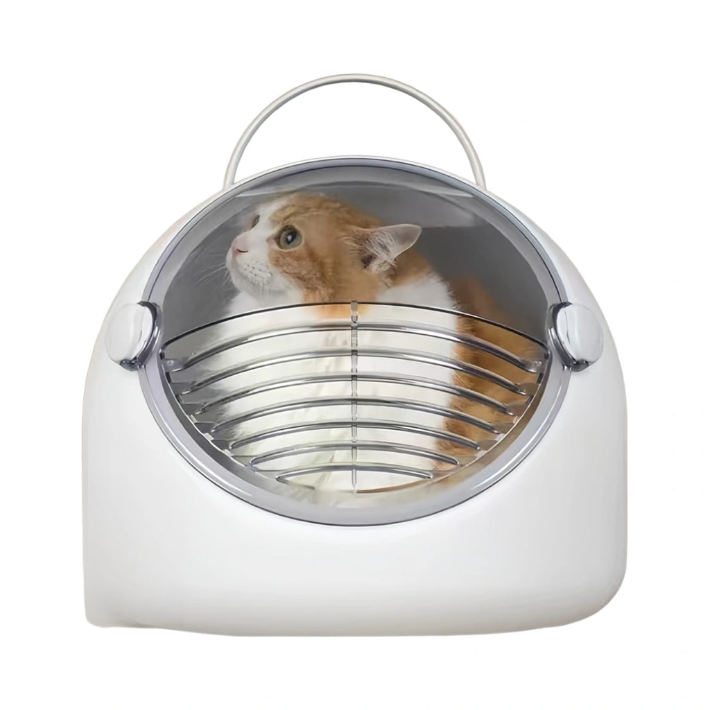 inFluffy white capsule cat carrier with front grille and handle