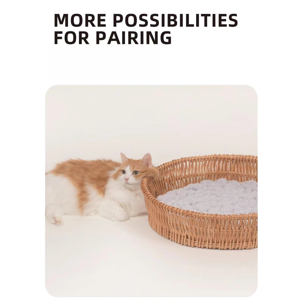 inFluffy pet mat shown beside and inside a woven basket