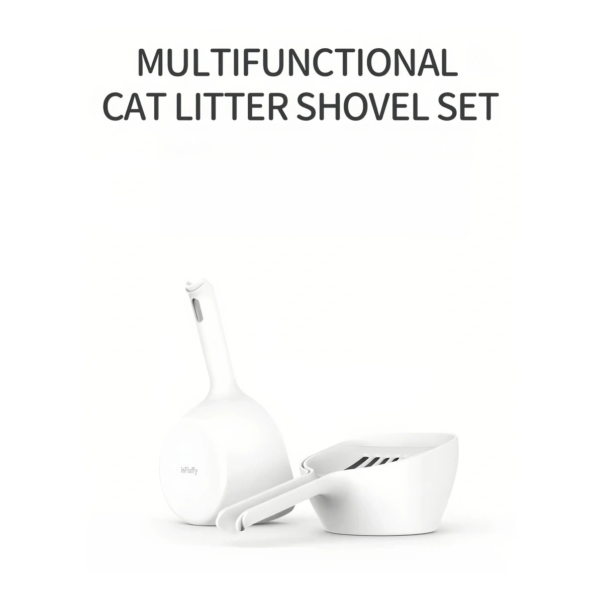Long-handled inFluffy litter scoop beside its holder
