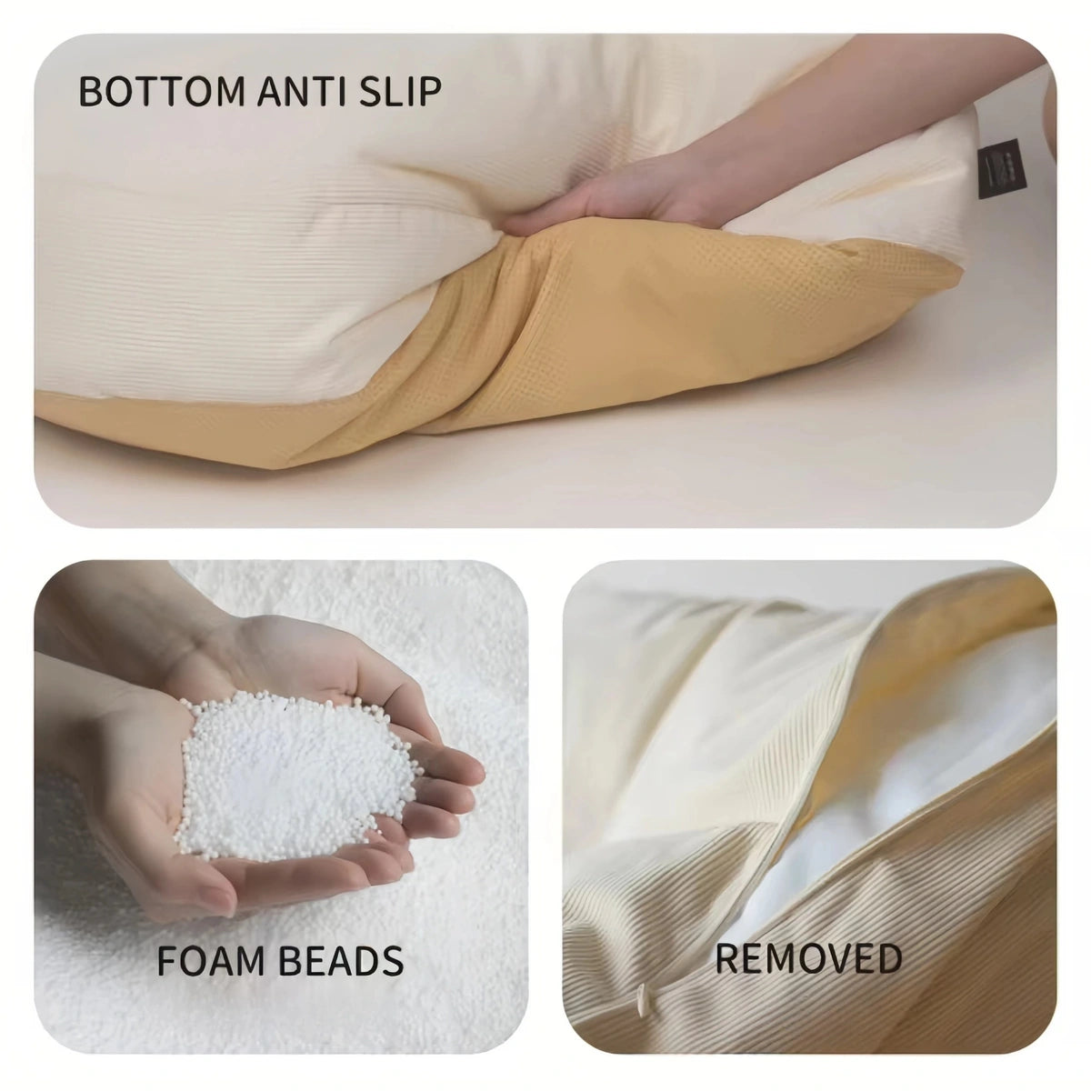 Textured base, removable cover and foam filling of the inFluffy bed