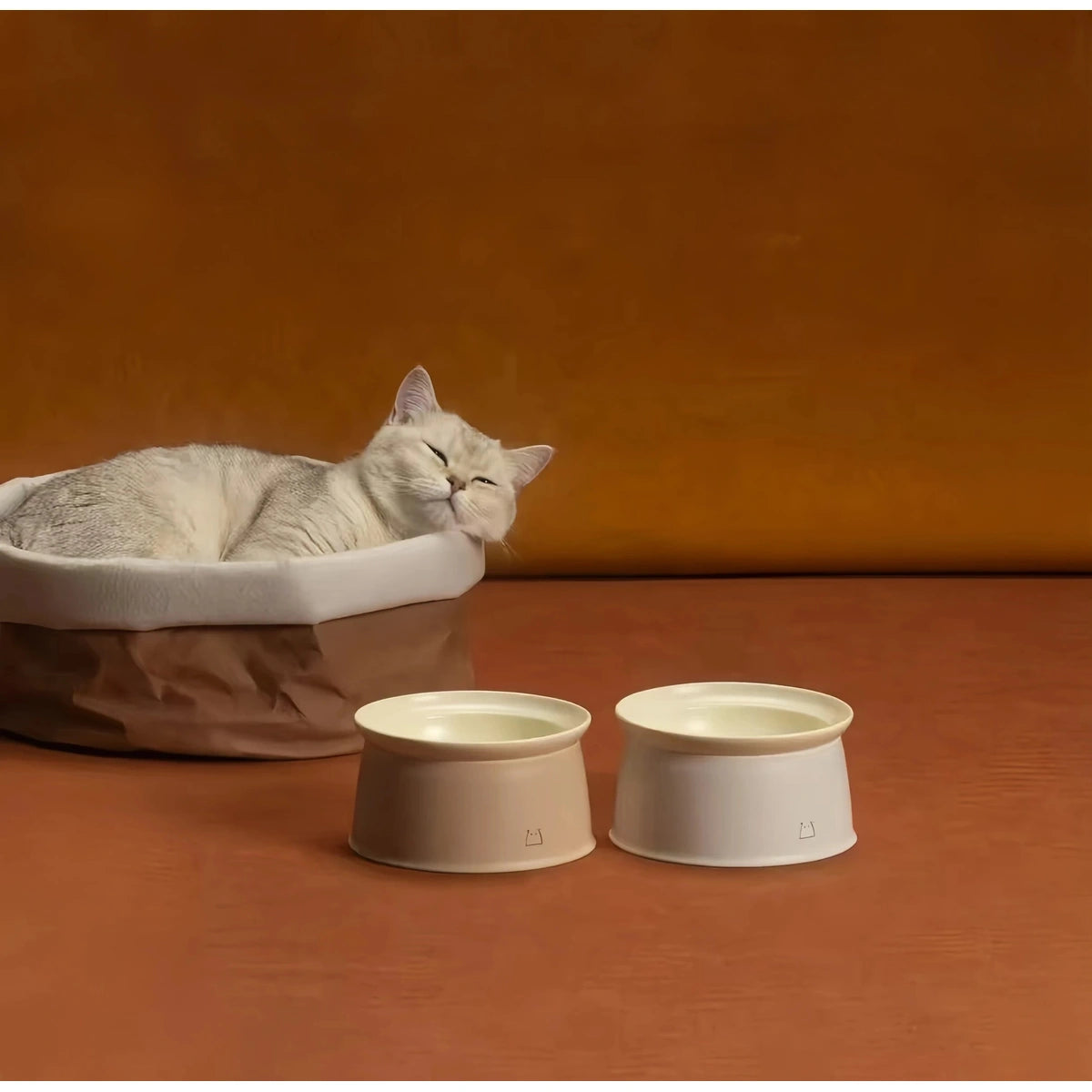inFluffy raised bowls in Cream and Nougat in a feeding area