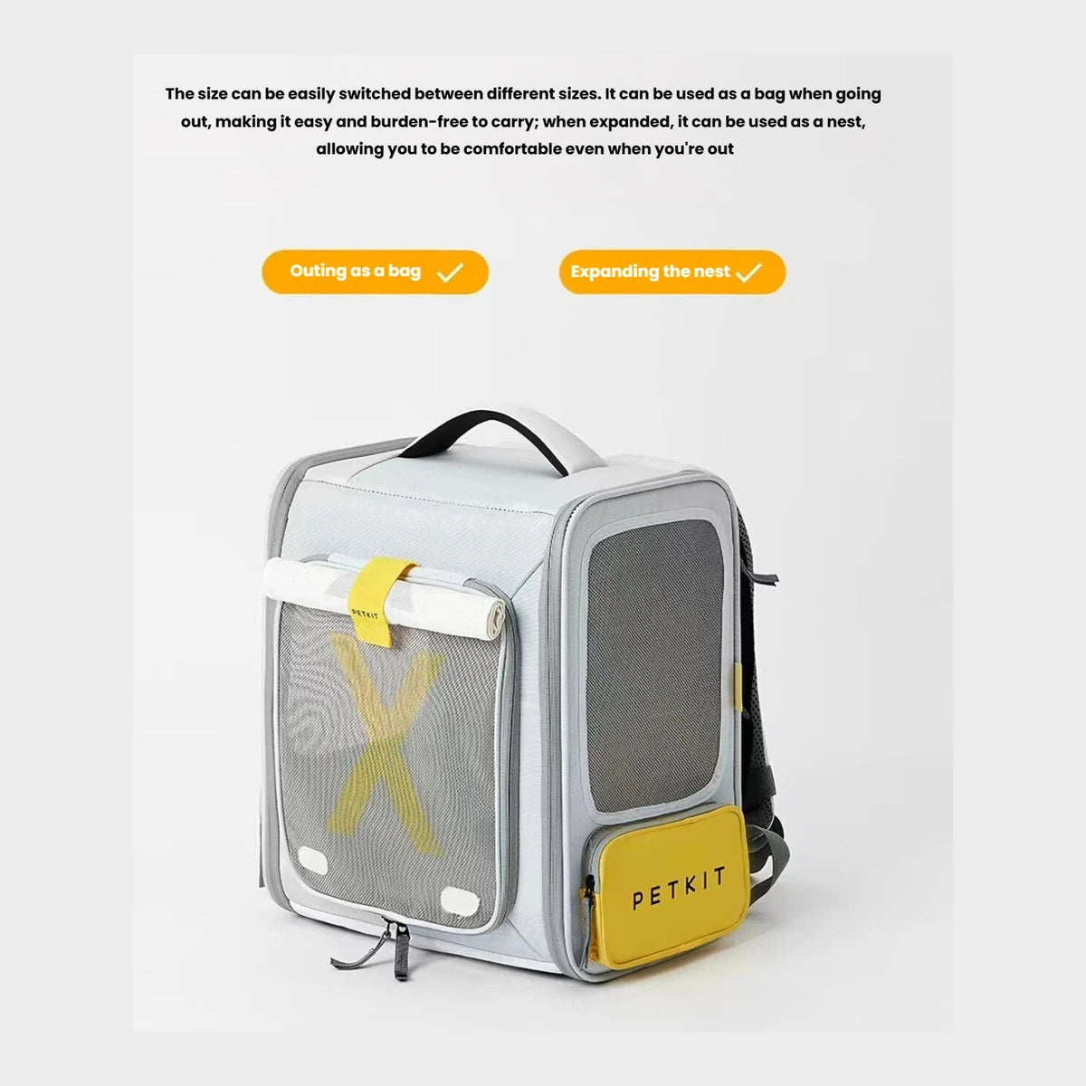 PETKIT carrier shown in backpack, handheld and expanded modes