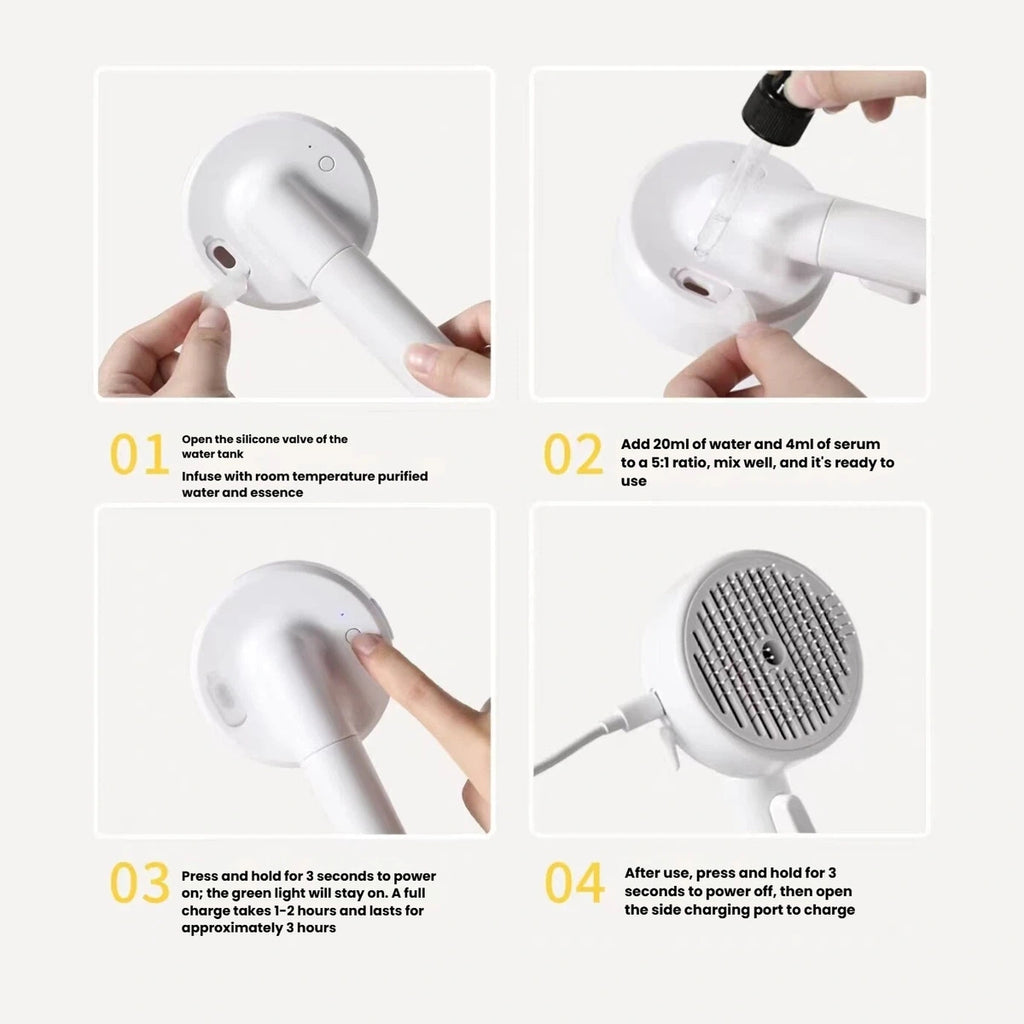 Four-step guide to filling the mist brush water reservoir