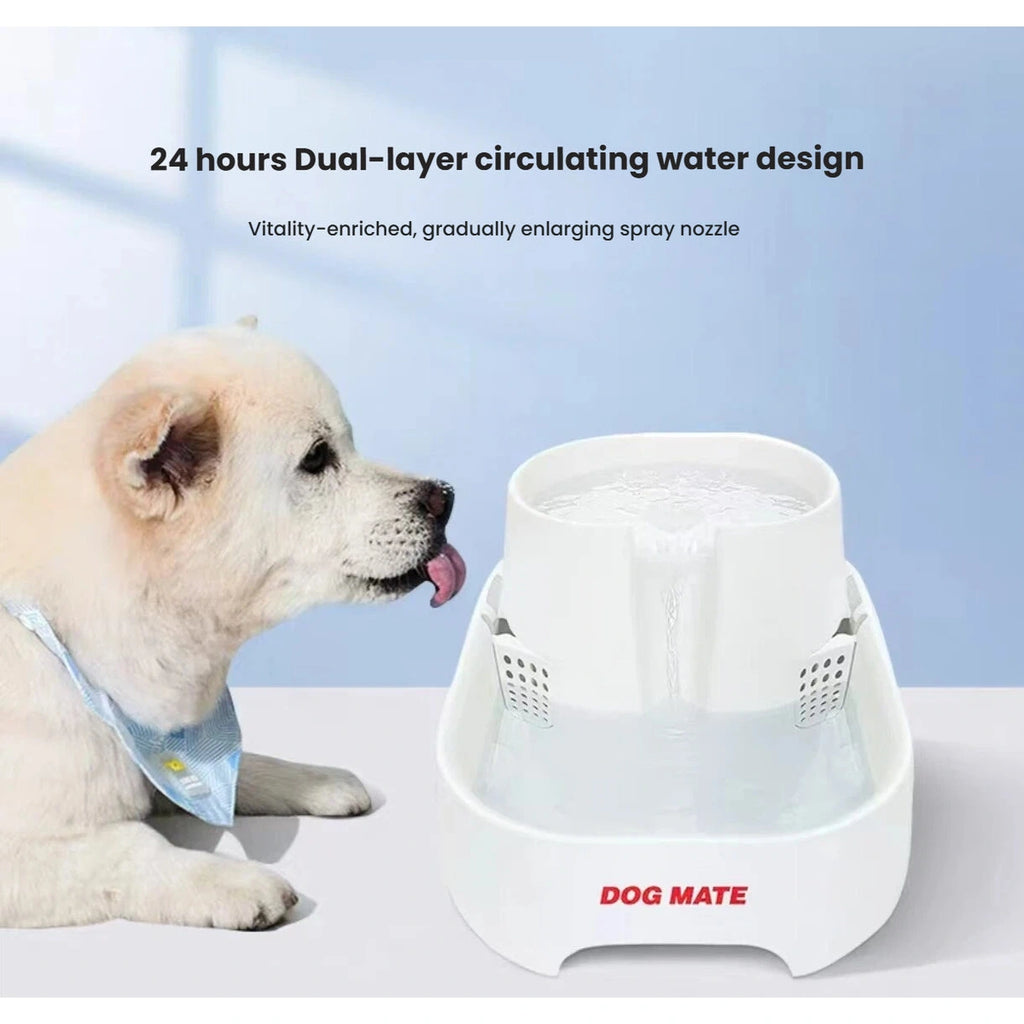 Dog drinking from the white automatic circulation pet water fountain