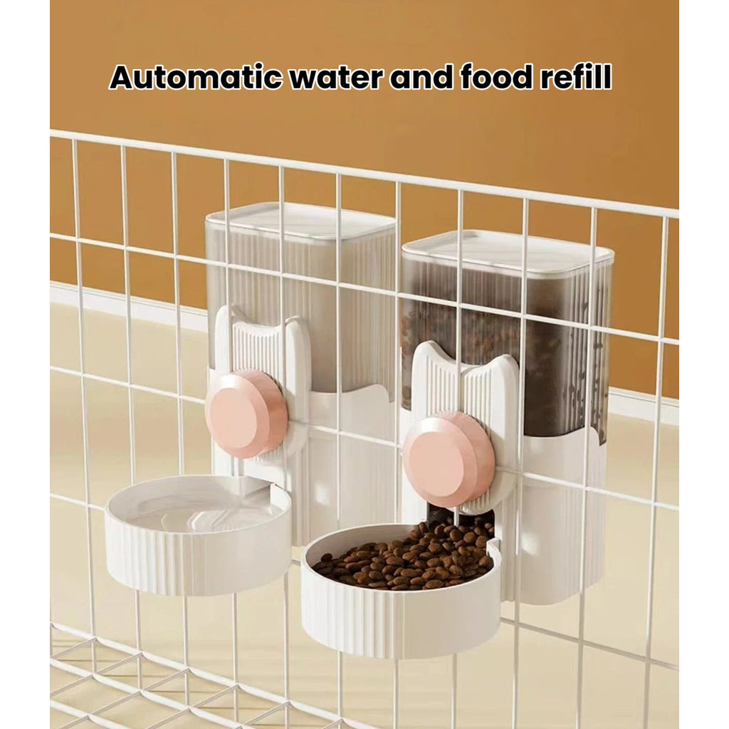 Food and water dispenser units mounted on enclosure bars