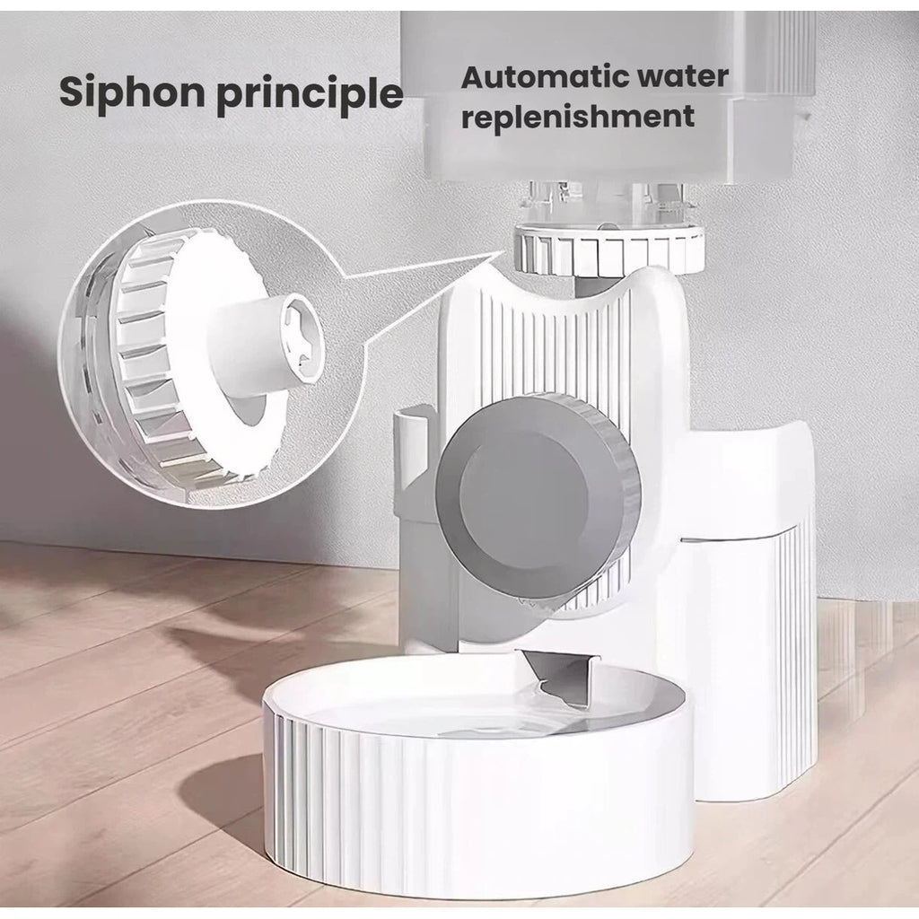 Siphon refill mechanism on the cage-mounted pet water dispenser
