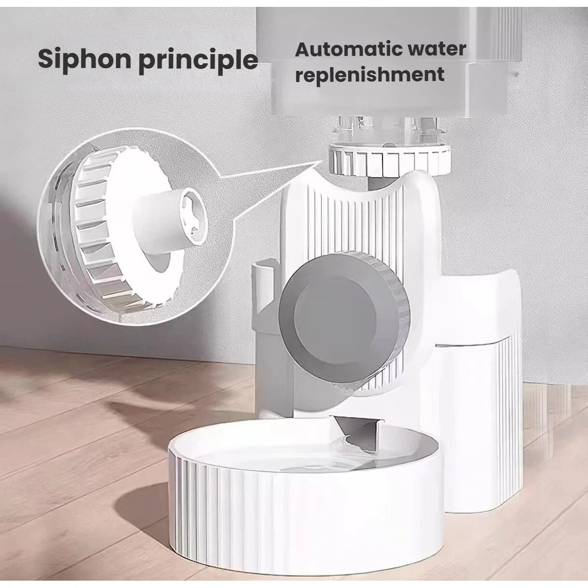 Siphon refill mechanism on the cage-mounted pet water dispenser