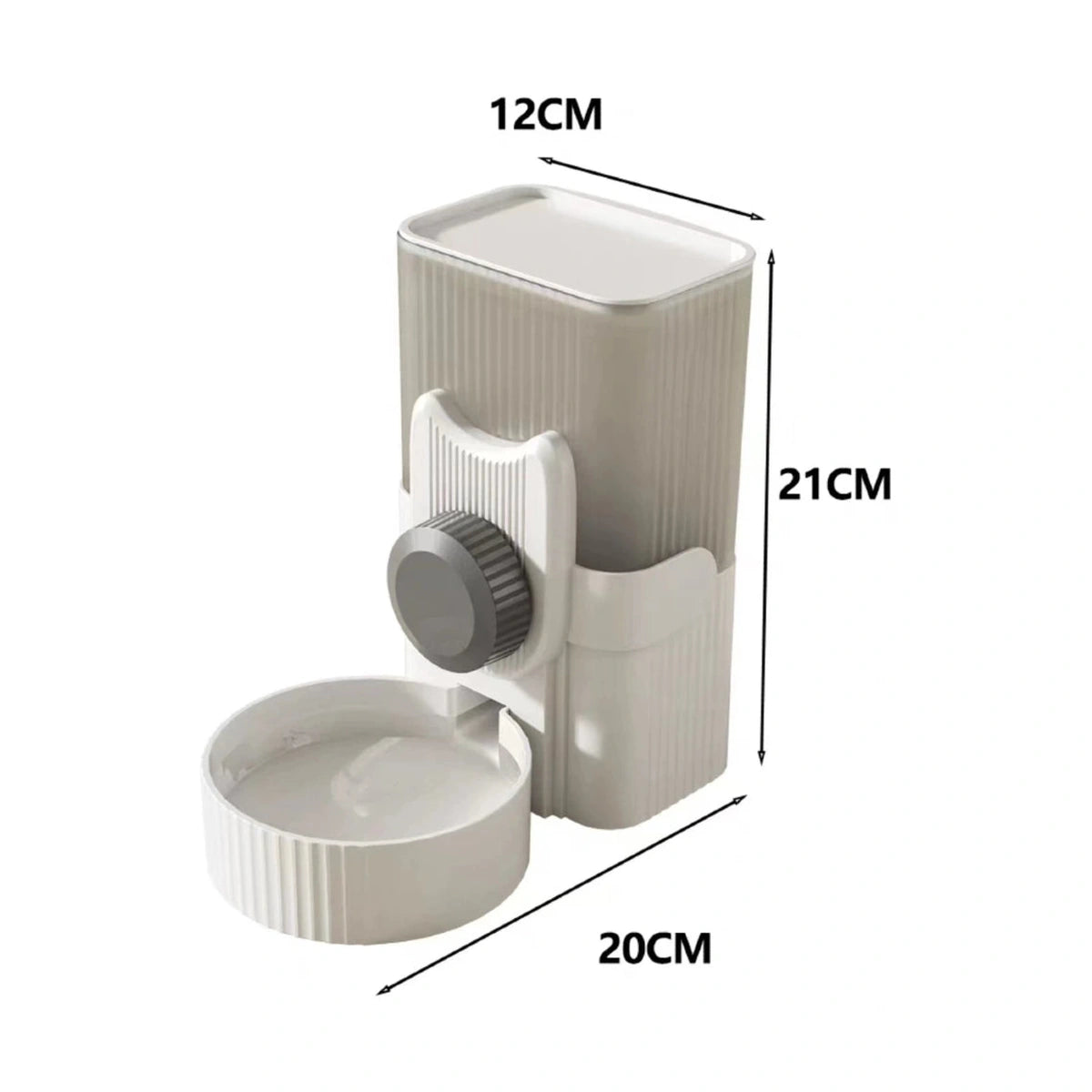 Cage-mounted water dispenser dimensions of 12 by 21 by 20 centimetres