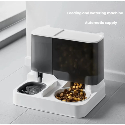 Filled two-in-one gravity pet feeder with separate food and water bowls