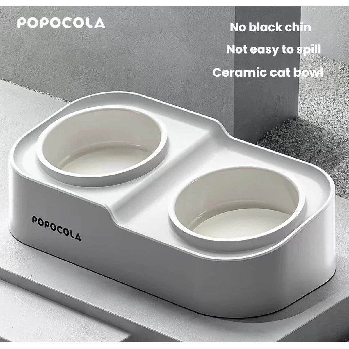 Front angled view of the Popocola raised double ceramic pet bowl