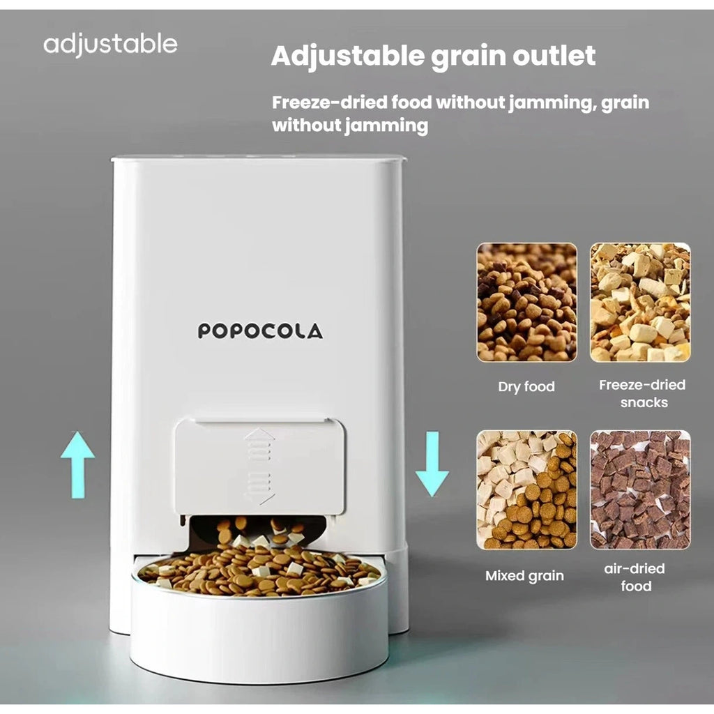 Adjustable dry-food outlet on the Popocola automatic feeder