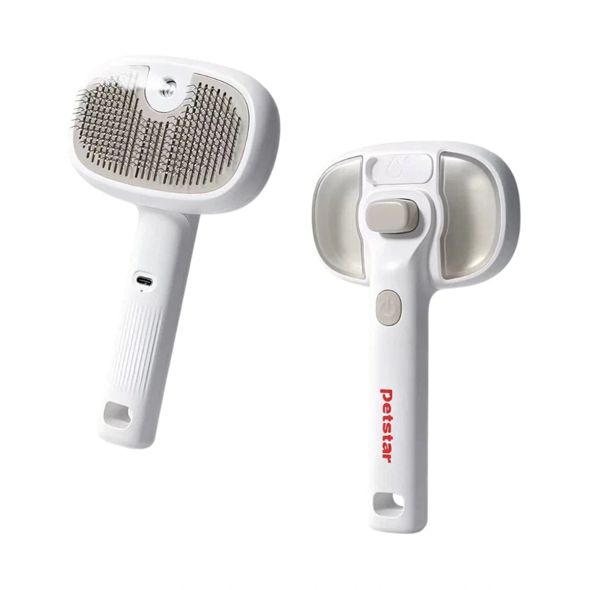 Petstar white spray grooming brush shown from the pin and water-tank sides