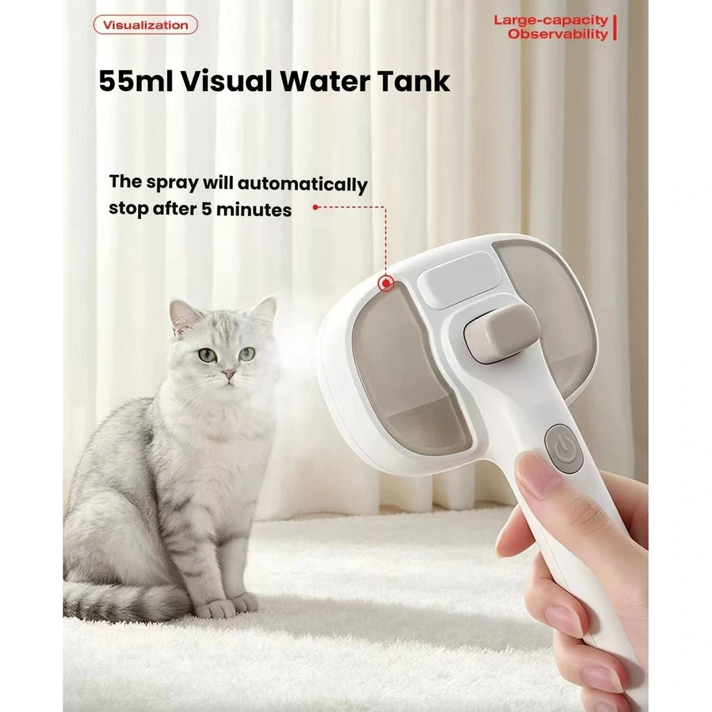 Petstar spray brush with visible 55 ml water tank beside a grey cat