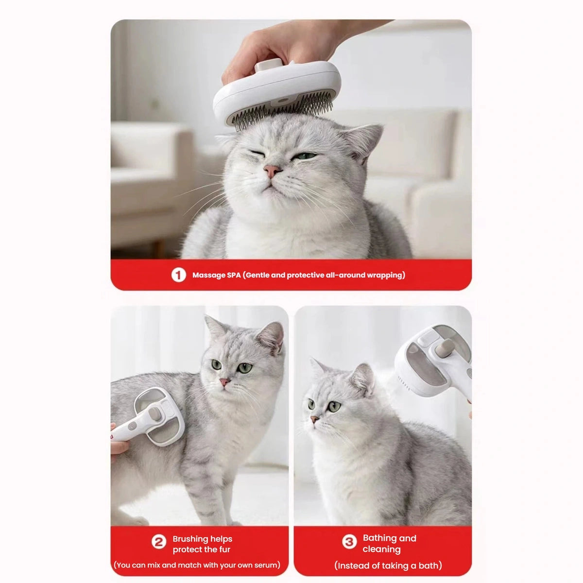 Grey cat being groomed with the Petstar spray brush