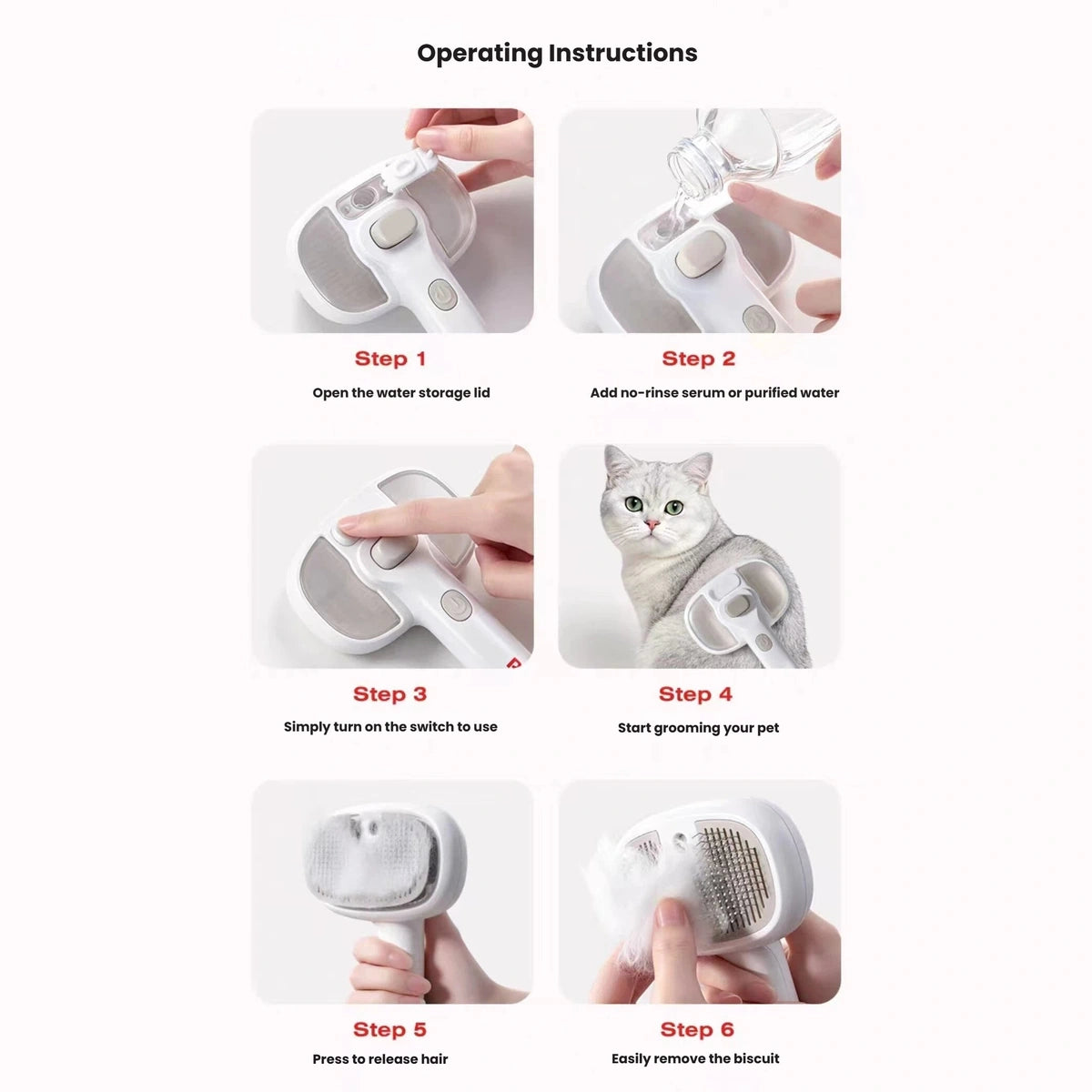 Petstar brush guide showing filling, switching on and releasing collected fur
