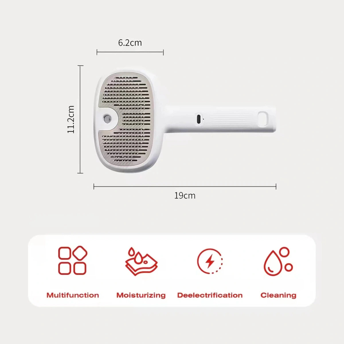 Petstar spray brush size diagram showing the head and 19 cm handle length