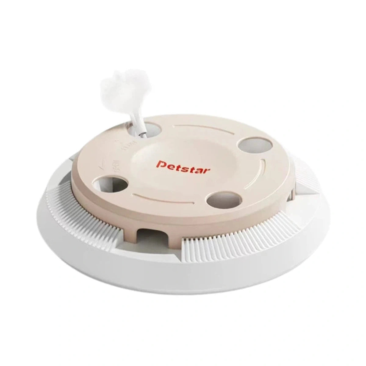 Beige Petstar automatic cat toy with a feather emerging from the round base