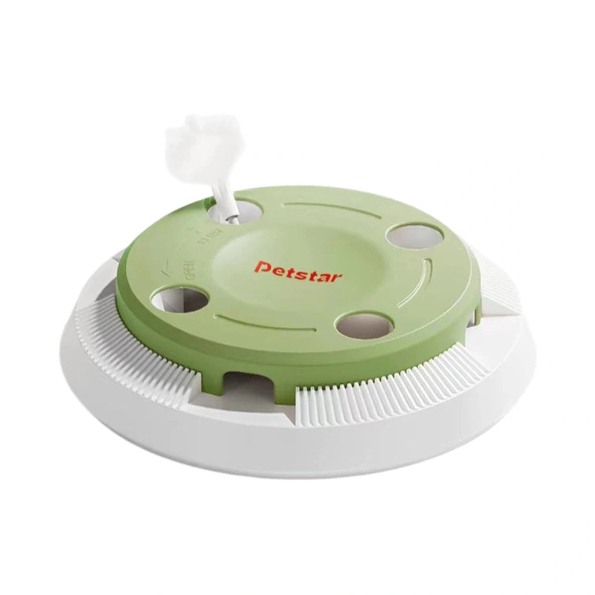 Green Petstar automatic feather cat toy with white textured base