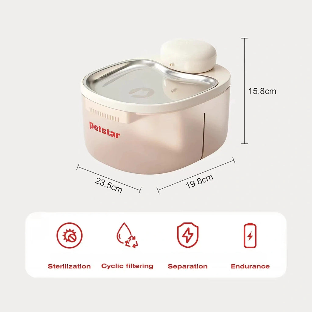 Petstar water fountain dimensions: 23.5 by 19.8 by 15.8 cm
