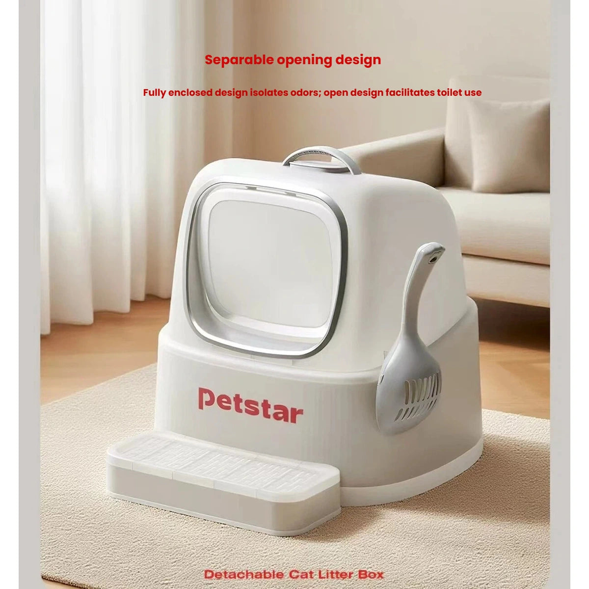 Petstar covered litter box standing on a carpet with the front door closed