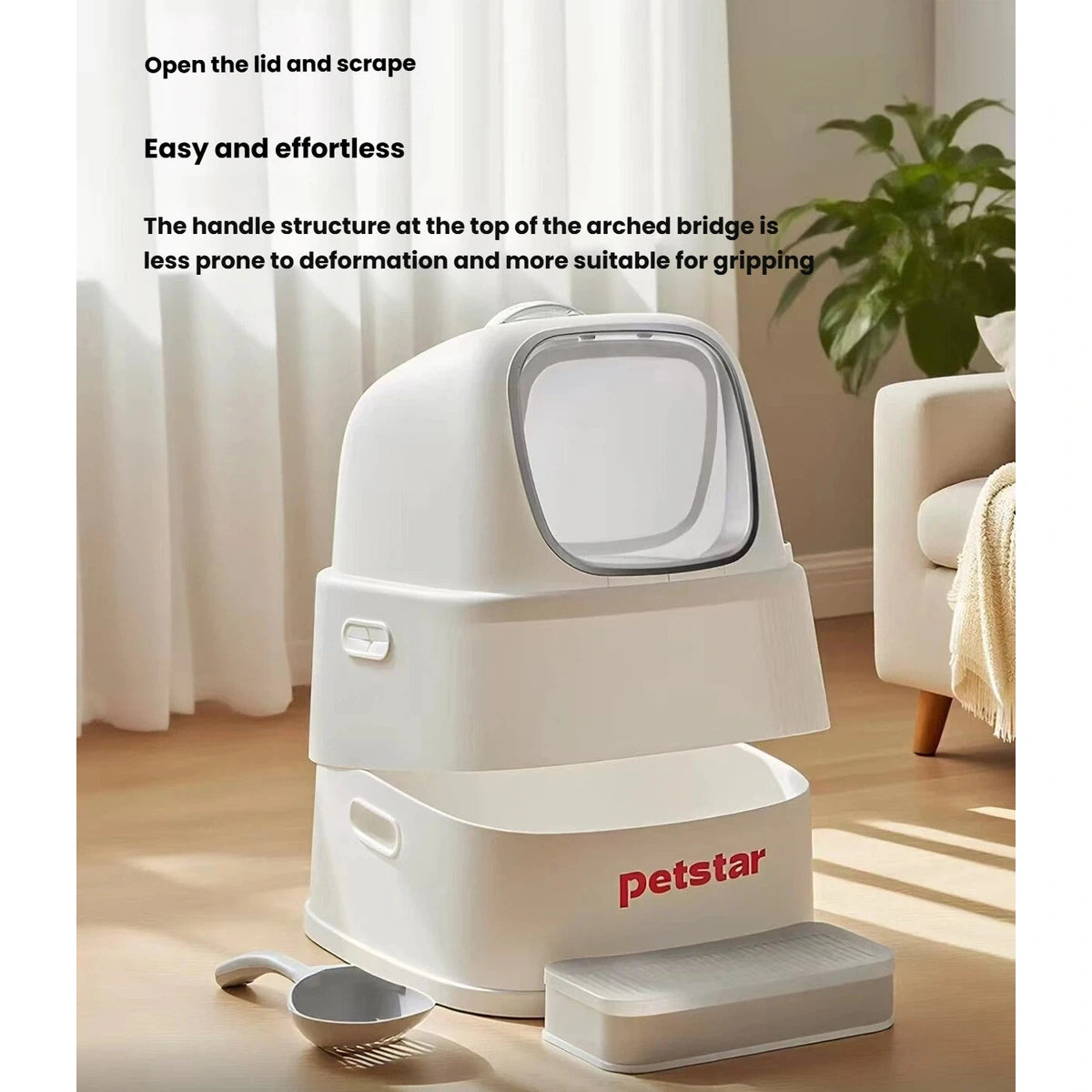 Petstar litter box with the hood lifted above the base tray