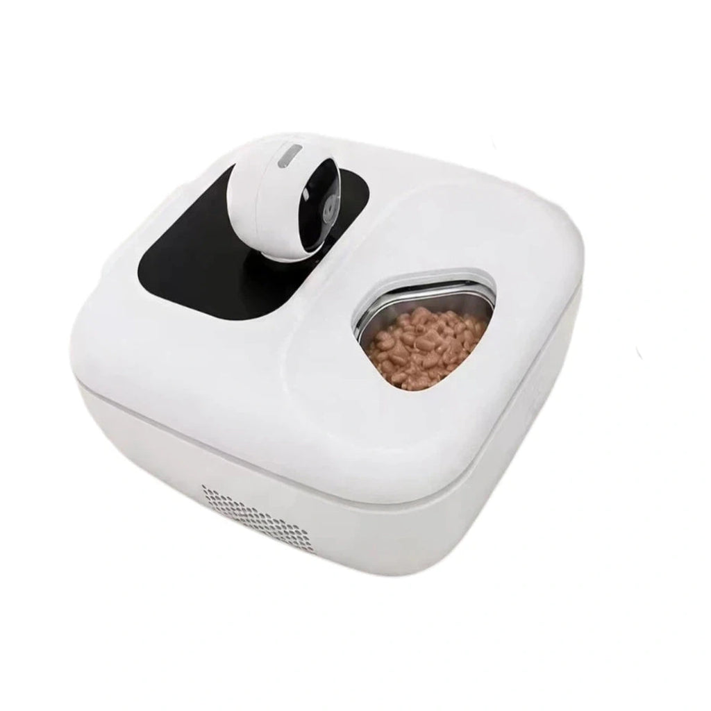 White Naipet wet food feeder with a camera above the food opening