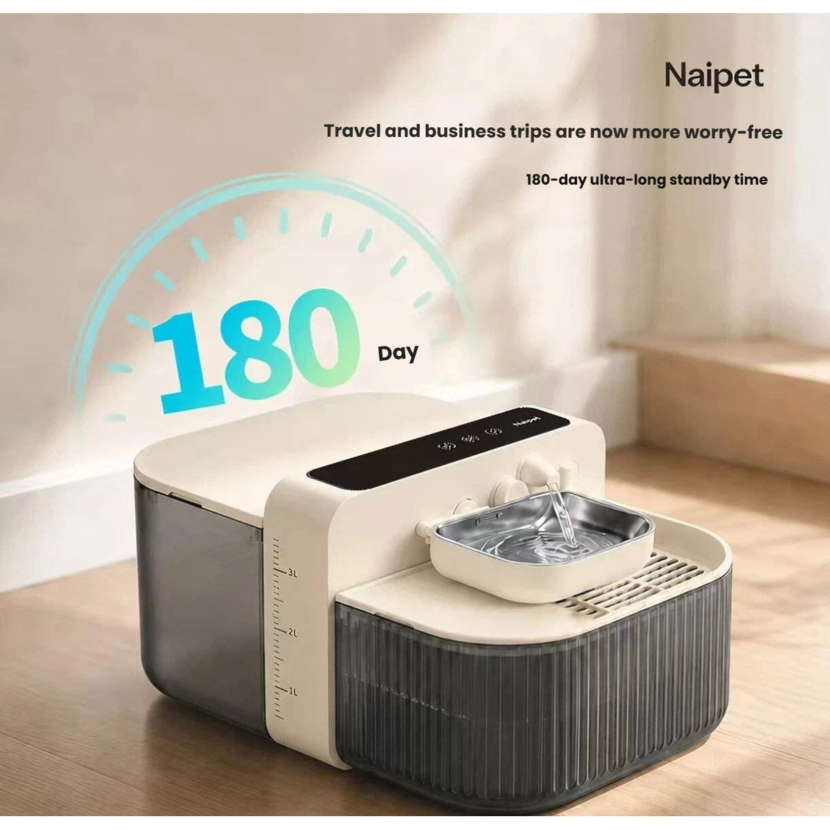 Naipet cordless fountain with a battery standby-time illustration