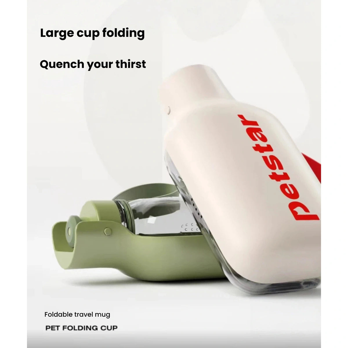 Beige and green Petstar bottles demonstrating the folding drinking trough
