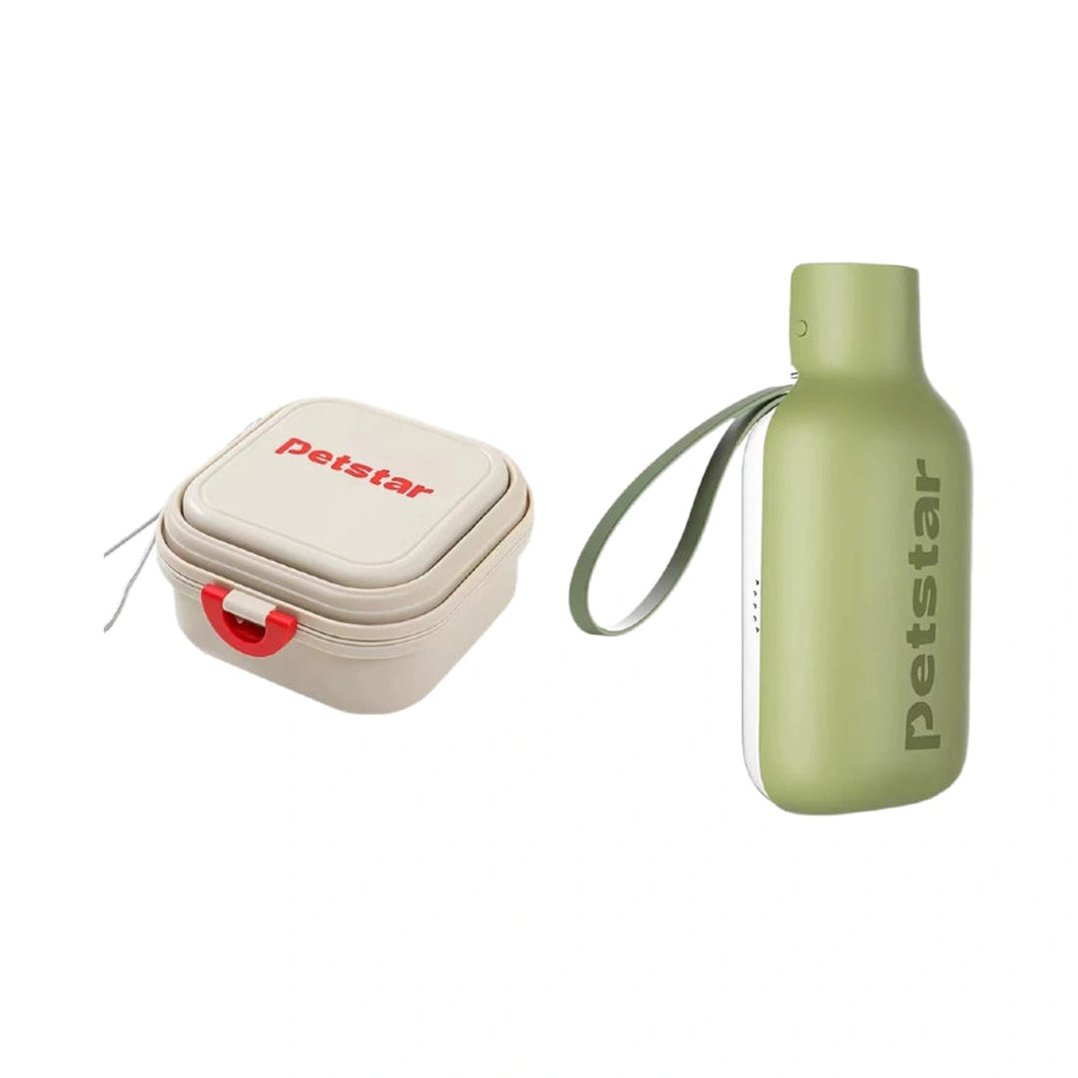 Green Petstar bottle beside the beige portable bowl set