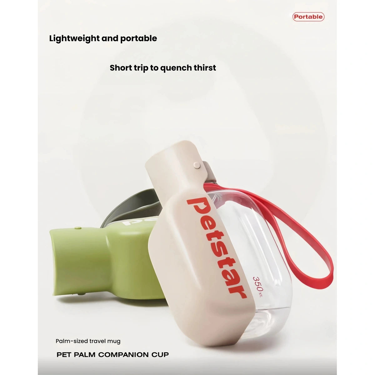 Beige and green Petstar mini bottles with their curved drinking troughs